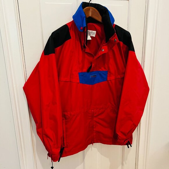 Vintage Colombia Pullover Anorak Jacket Coat  Men’s L Red Blue Kangaroo Pocket - Picture 5 of 16